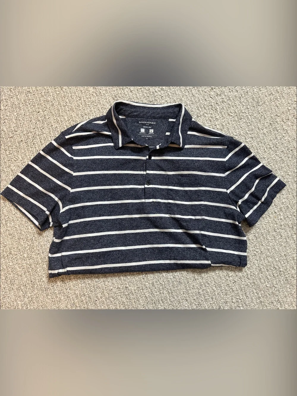Banana Republic Navy and White Striped Polo with Chest Pocket